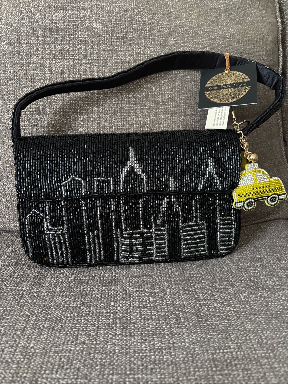 Black Beaded Shoulder Bag with Silver Skyline Detail and Yellow Taxi Charm re